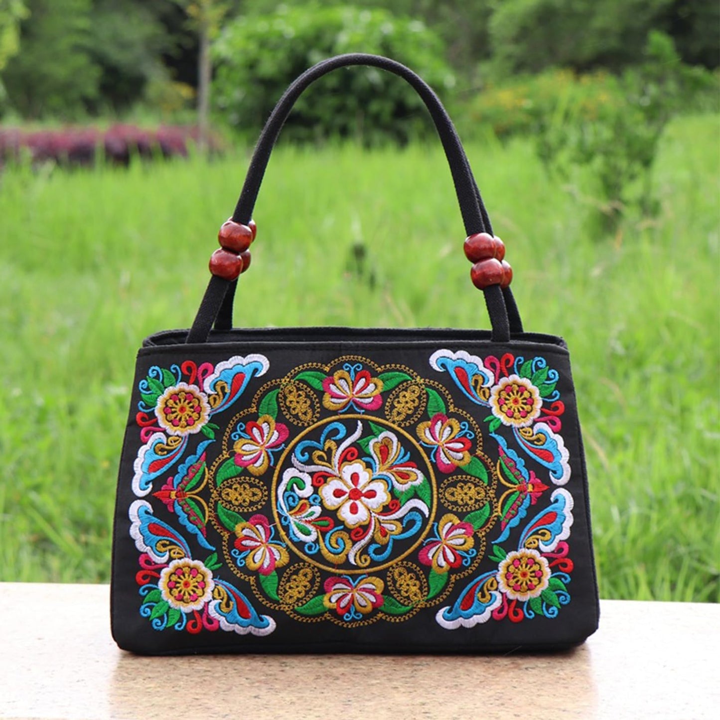 Jursccu Double-Sided Embroidery Totes Bag Travel Beach Bag Vintage Embroidery Ethnic Shoulder Bags
