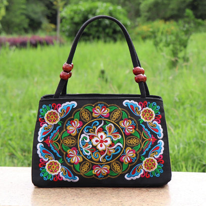 Jursccu Double-Sided Embroidery Totes Bag Travel Beach Bag Vintage Embroidery Ethnic Shoulder Bags