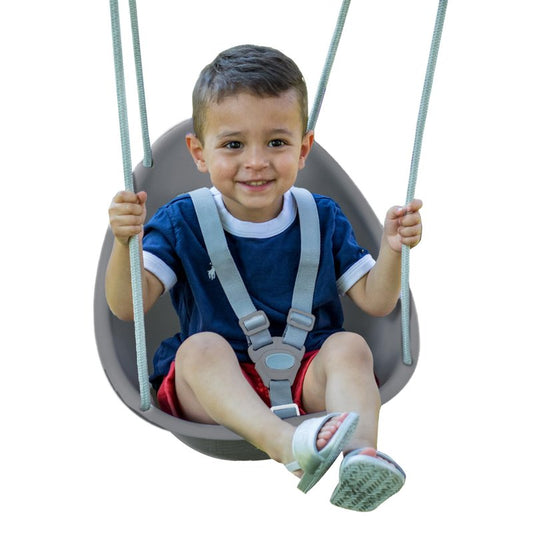 Swurfer Coconut Toddler Swing – Comfy Baby Swing Outdoor, 3- Point Adjustable Safety Harness, Secure, Safe Quick Click Locking System, Blister-Free Rope, Easy Installation, Ages 6-36 Months, Gray