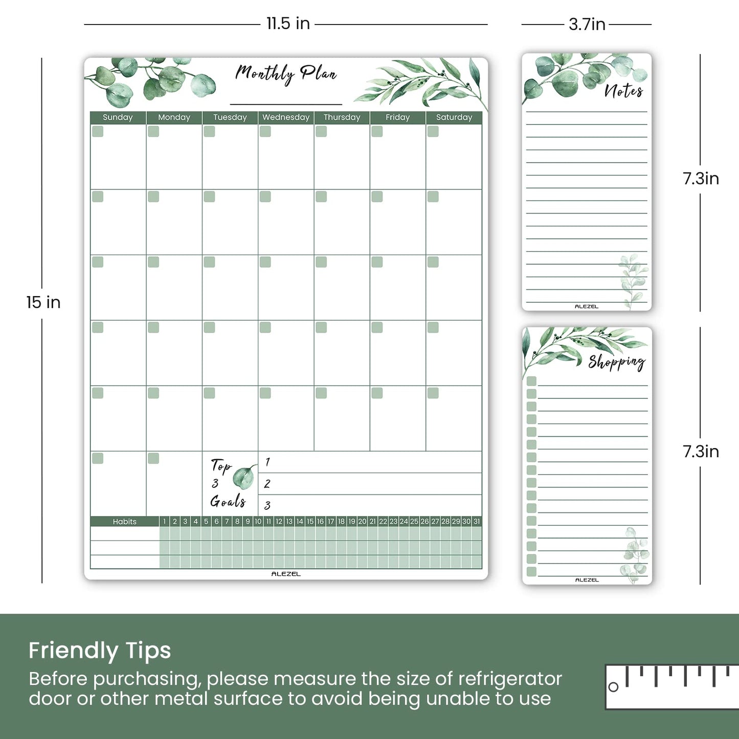 ALEZEL Magnetic Dry Erase Calendar for Fridge, Greenery Monthly Fridge Calendar Whiteboard Set - Vertical Monthly Calendar for Refrigerator, Grocery & to Do List White Board, 3 Markers + Eraser