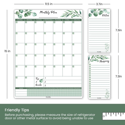 ALEZEL Magnetic Dry Erase Calendar for Fridge, Greenery Monthly Fridge Calendar Whiteboard Set - Vertical Monthly Calendar for Refrigerator, Grocery & to Do List White Board, 3 Markers + Eraser