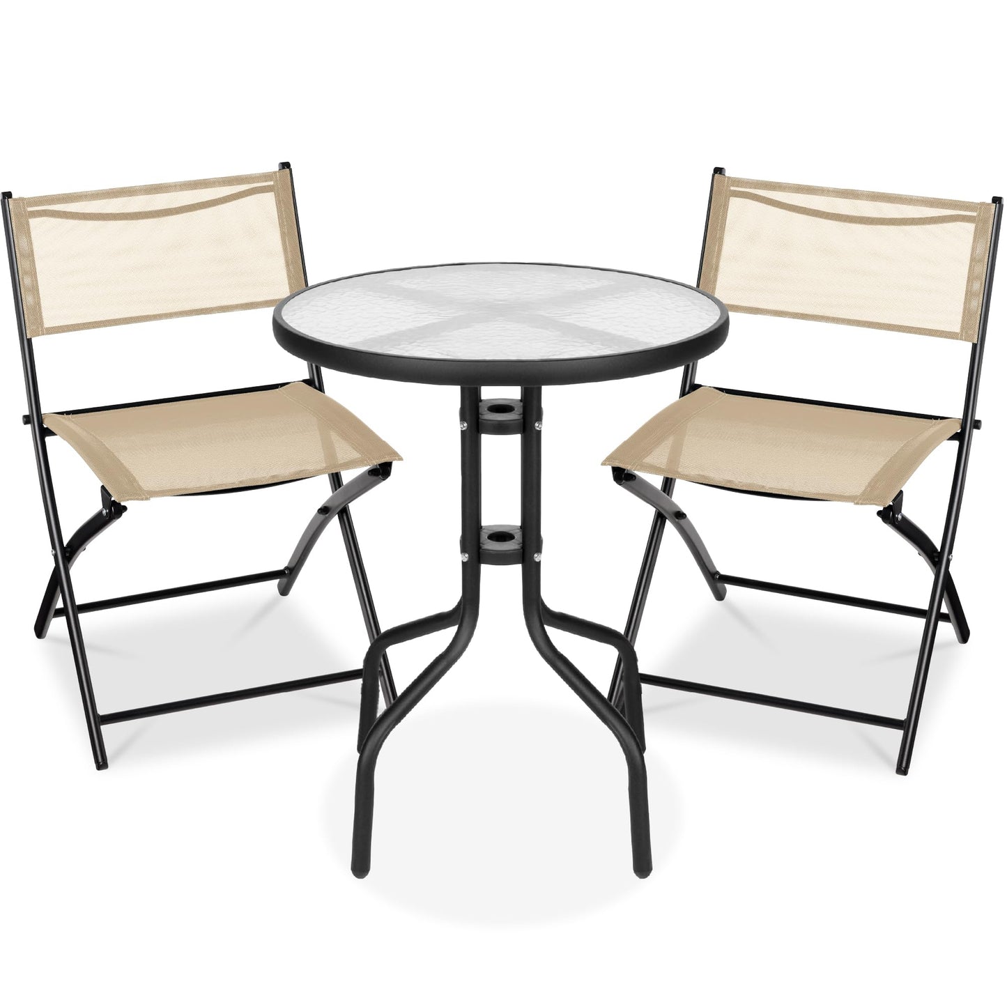 Best Choice Products 3-Piece Patio Bistro Dining Furniture Set w/Textured Glass Tabletop, 2 Steel Folding Chairs, Polyester Fabric - Beige