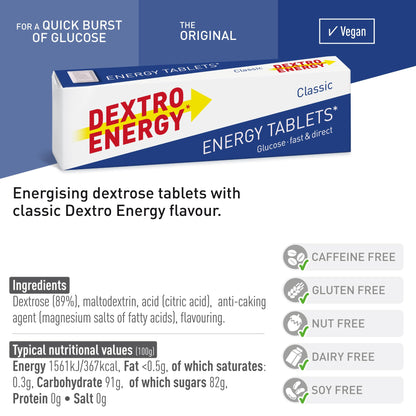 Dextro Energy Classic Tablets Fast Acting Carbohydrates For A Quick Burst Of Glucose Ideal On the Go Vegan 47g (Pack of 24)