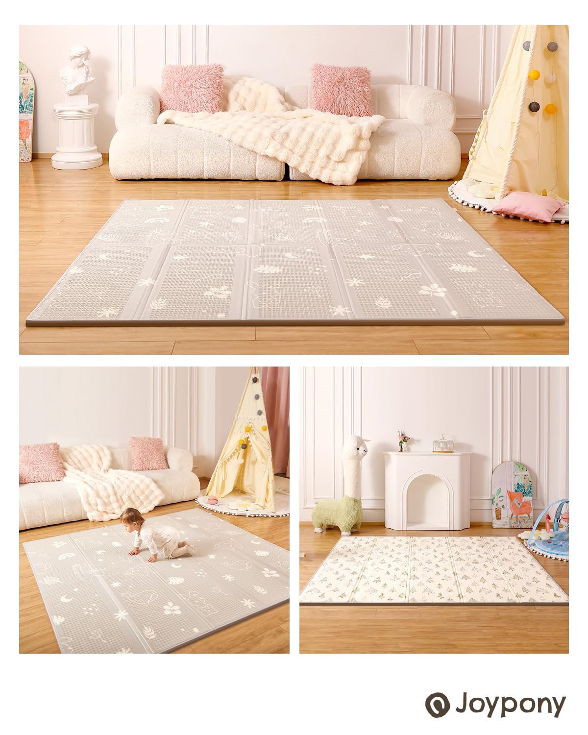 Joypony Play Mat, 120x120 CM Foldable Baby Play Mats for Babies and Toddlers, Waterproof & Anti-Slip Portable Baby Floor Mat, Baby Mat for Floor with Travel Bag