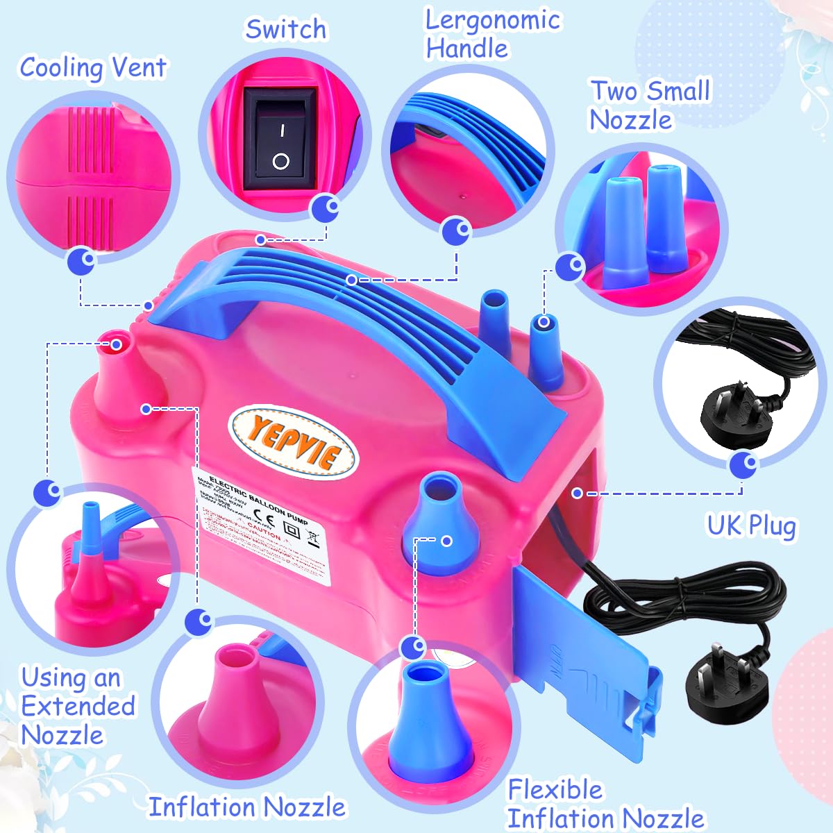 YEPVIE Electric Balloon Pump UK, Portable 2 Modes Balloon Inflator with 6 Balloon Arch Kits, Electric Air Pump for Balloons, Professional Electric Balloon Blower Machine for Birthday Party Decoration
