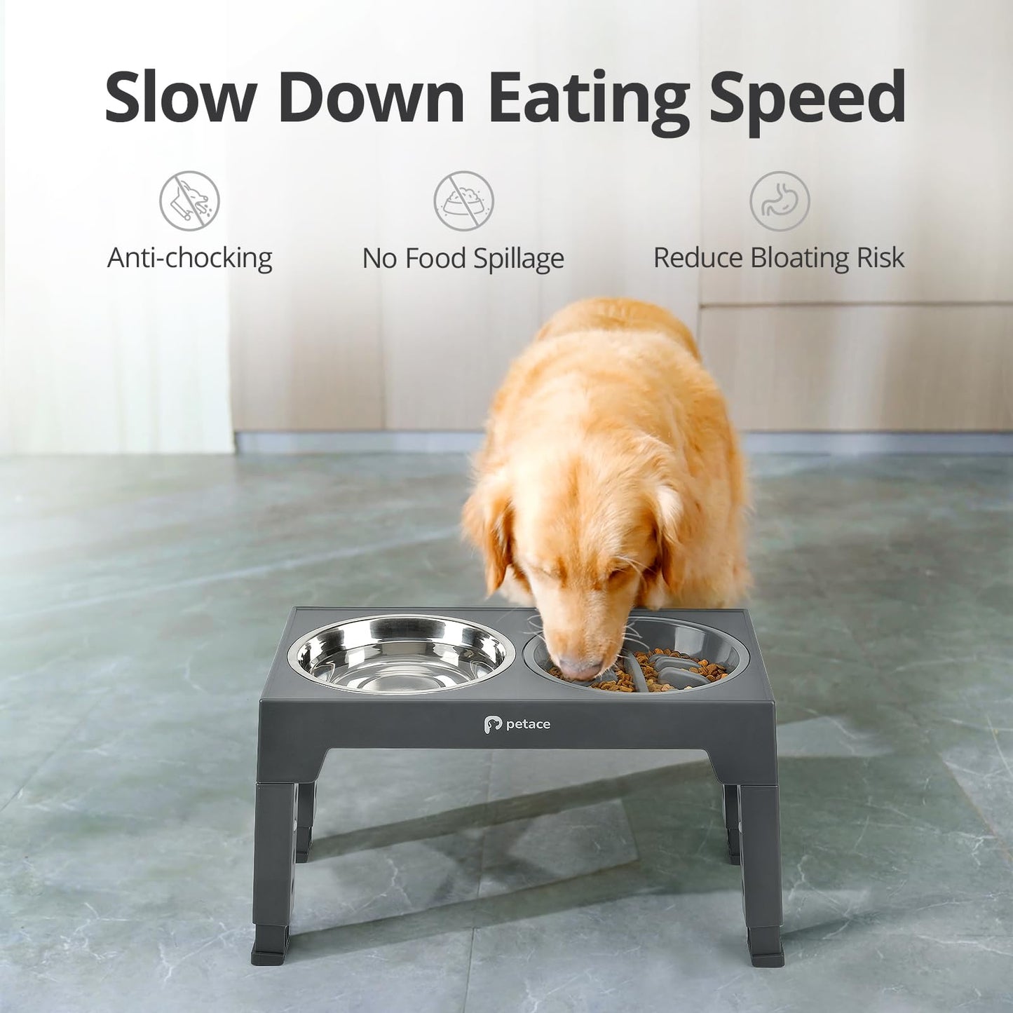 Petace Elevated Dog Bowls for Large Dogs, Raised Dog Bowl Stand with Slow Feeder Bowl & 2 Stainless Steel Dog Food Bowls, 5 Heights Adjustable for Small Medium Large Dogs and Pets