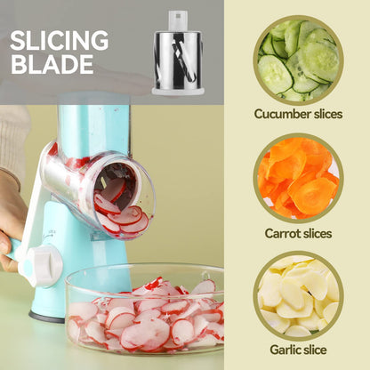 EDEFISY Cheese Grater Hand Crank - 3-in-1 Stainless Steel Rotary Grater & Shredder for Cheese, Vegetables, Nuts, Chocolate - Easy Crank Manual Food Grinder with Drum Slicer (Blue)