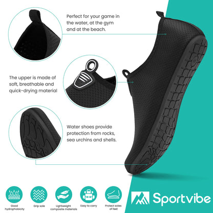 sportvibe Water Shoes Beach Shoes Lightweight Barefoot Aqua Quick Dry Breathable Swim for Women Men Surfing Running Driving Pool Yoga (Black,9 UK/43 EU)