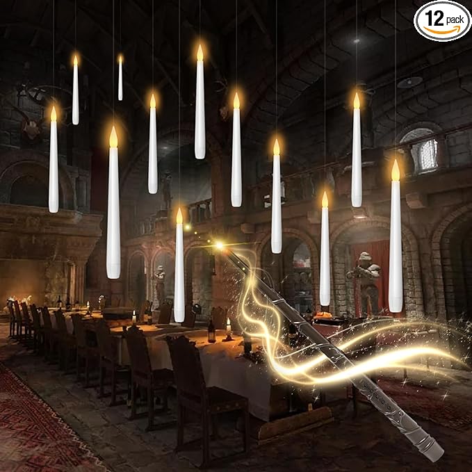Flameless Floating Candles with Wand，12 Pcs Magic LED Hanging Taper Candles，Flickering Battery Operated Taper Candle with Wand Remote for Halloween Decorations Best Gift（White）