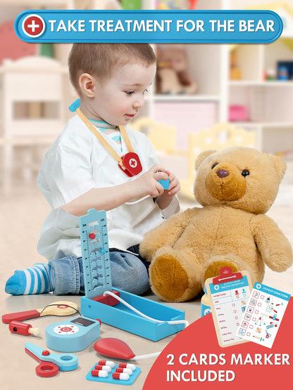Lehoo Castle Doctors Set for Kids, Toys for 3 Year Old Boys, Wooden Kids Doctors Kit with Doctor Costume, 3 Year Old Boy Toys（Blue）