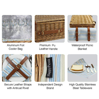 HappyPicnic Wicker Picnic Basket Set for 4 Persons | Large Willow Hamper with Large Insulated Cooler Compartment, Waterproof Blanket and Cutlery Service Kit-Classical Brown