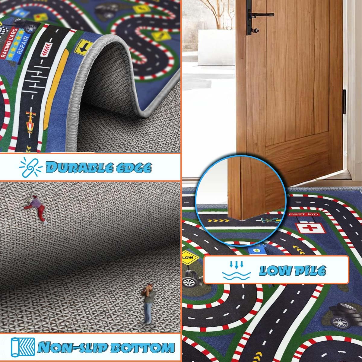JUFORHQC Kids Rug,Children's Room Rug,Road Race Play Rugs, Rail City Living Rugs, Washable Non-Slip Play Mats. (Dark Blue, 47x71in)