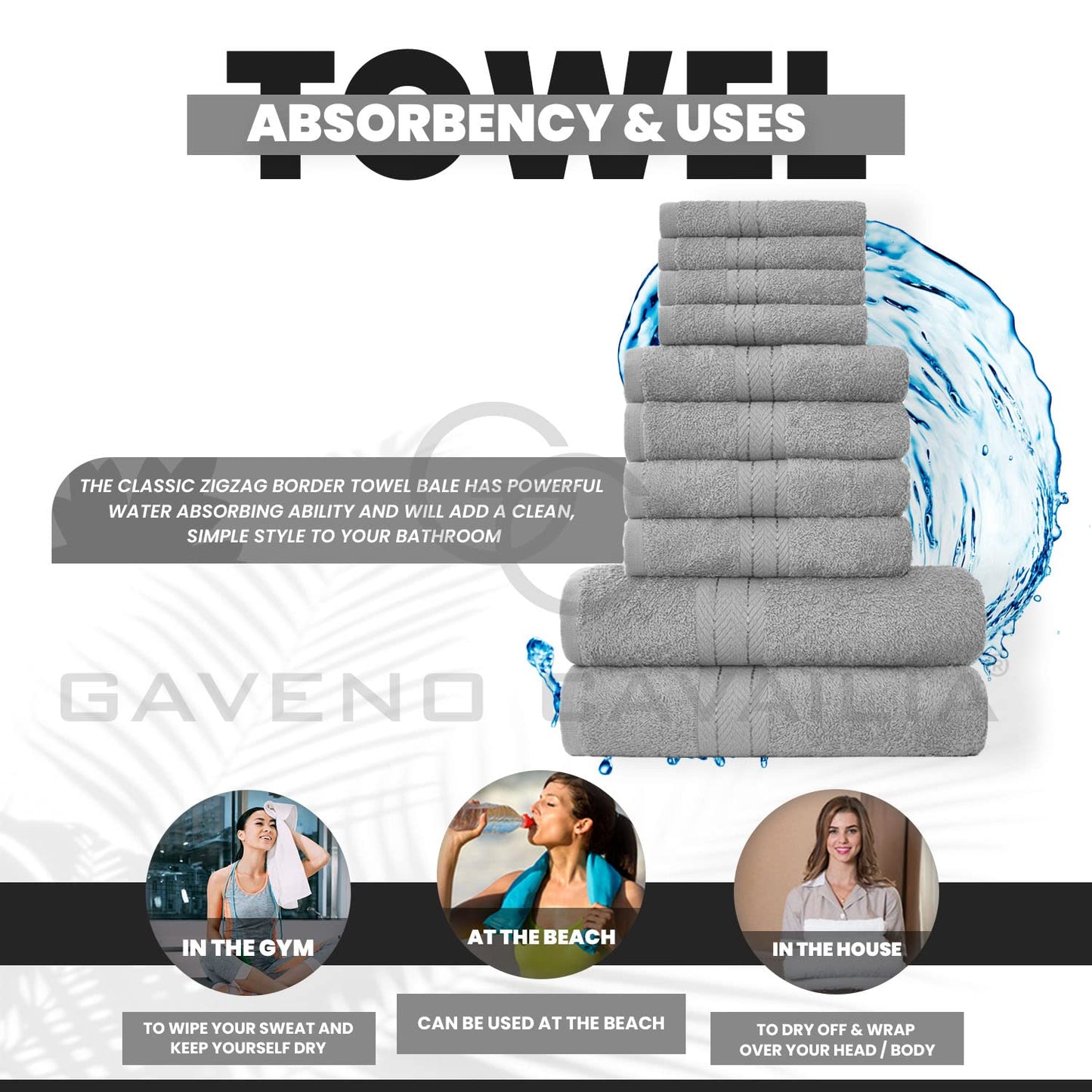 GC GAVENO CAVAILIA 10 Piece Towel Bale Set | Quick Drying Cotton Towel Highly Absorbent 450 GSM Silver Towels Set | Bathroom Towels Bale Set 4x Face 4x Hand 2x Bath Towels