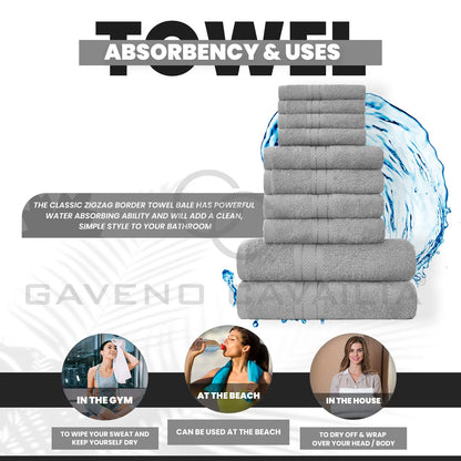GC GAVENO CAVAILIA 10 Piece Towel Bale Set | Quick Drying Cotton Towel Highly Absorbent 450 GSM Silver Towels Set | Bathroom Towels Bale Set 4x Face 4x Hand 2x Bath Towels