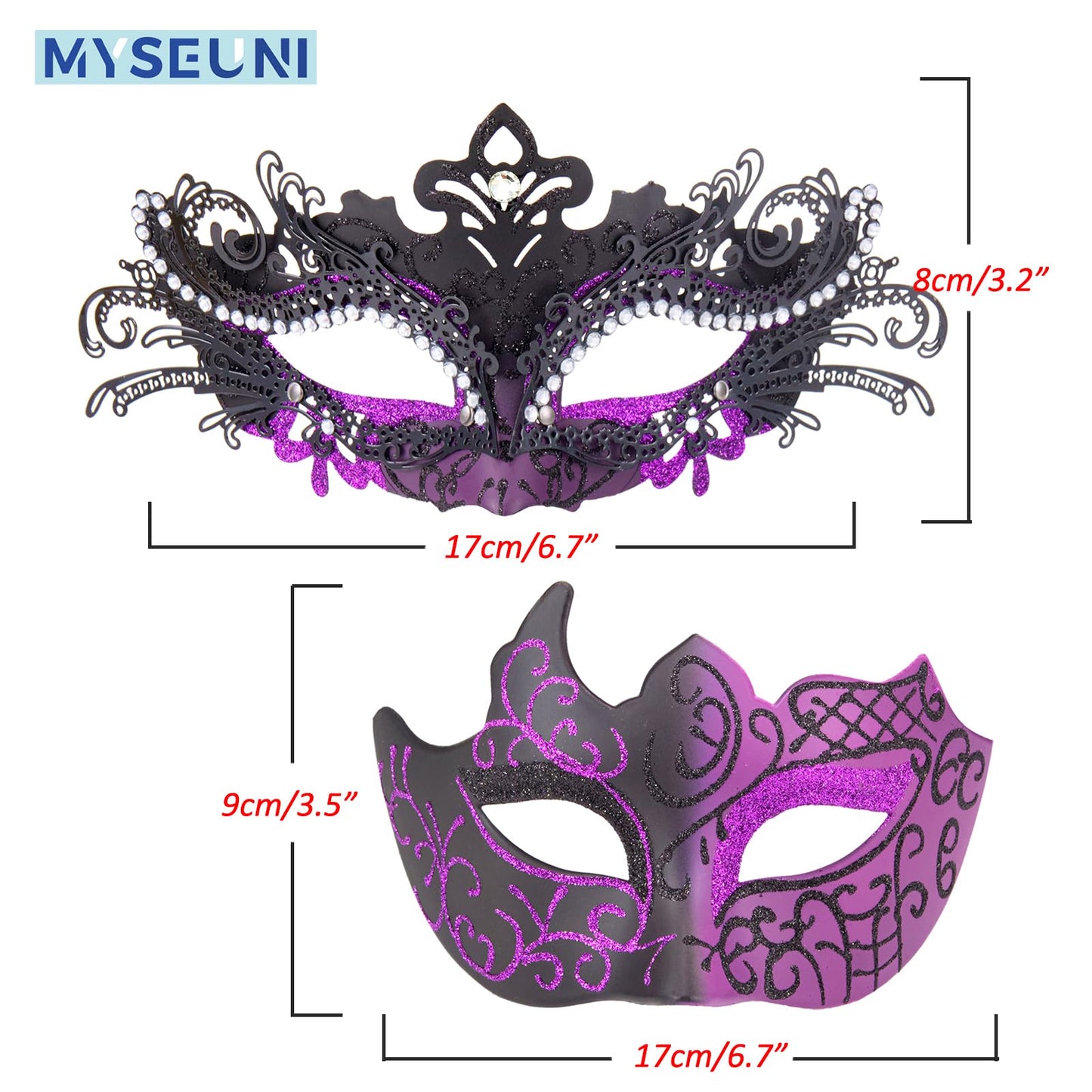 MYSEUNI Purple Masquerade Mask Couples Set - Venetian Mask Women & Mens Venetian Mask for Mardi Gras,Mascarade Ball Prom, Halloween Party Carnivals