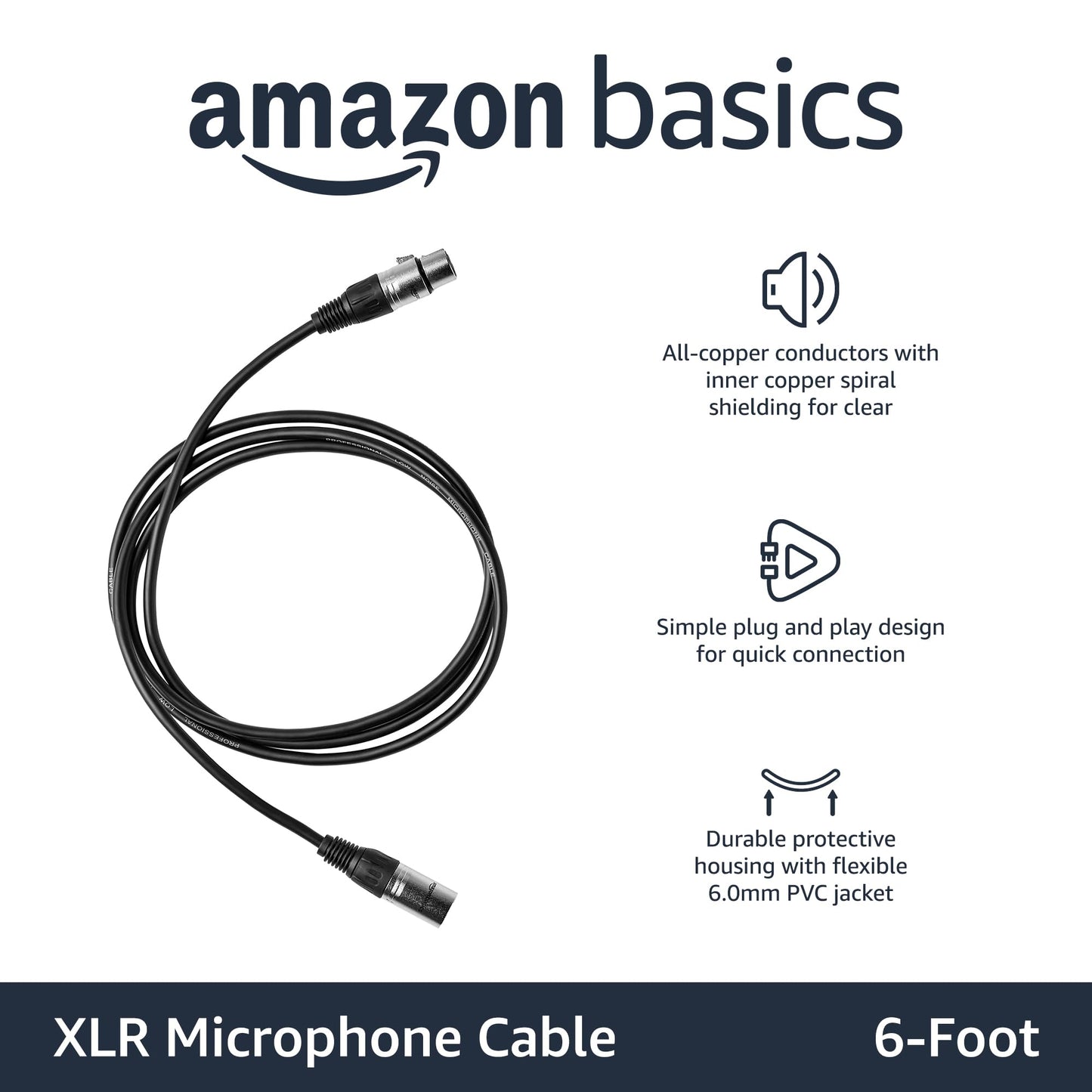 Amazon Basics XLR Male to Female Microphone Cable for Speaker or PA System, All Copper Conductors, 6MM PVC Jacket, 6 Foot, Black