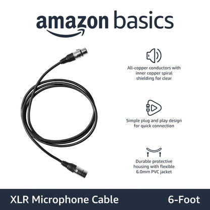 Amazon Basics XLR Male to Female Microphone Cable for Speaker or PA System, All Copper Conductors, 6MM PVC Jacket, 6 Foot, Black