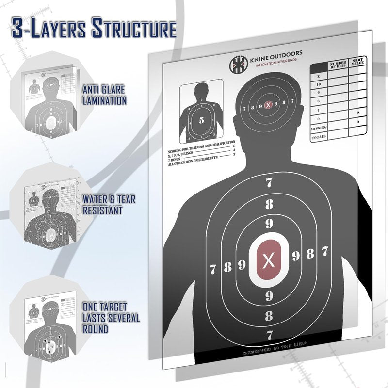 KNINE OUTDOORS Shooting Targets Paper, 23 x35 inch, Bulk for Hunting, Handguns, Pistols, Rifles, Silhouette with Red Bullseye, Black Design (25 Pack)