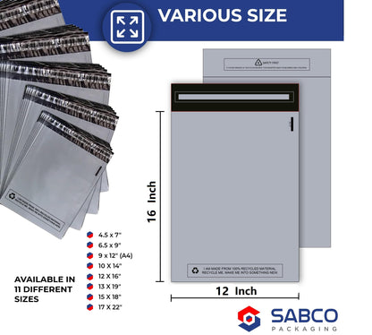 Sabco - Mailing Bags – 12 x 16" Self Adhesive, 100 Waterproof and Tear-Proof Postal Bags – Large Sized Grey Plastic Mailing Mail Post Postage Plastic Bags (12 x 16", 100)