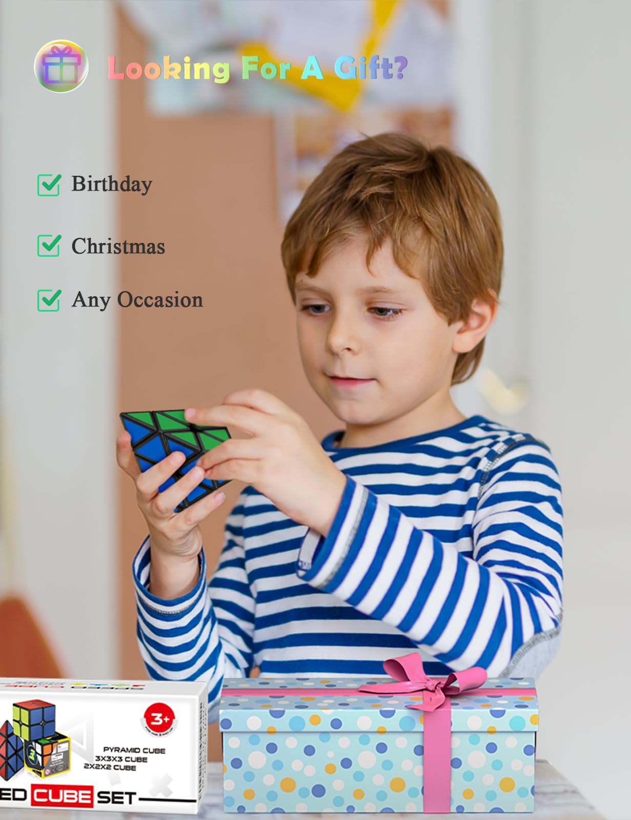 ROXENDA Speed Cube Set, 2X2 3X3 Pyramid Speed Cube Stickerless Fast Cube with Instruction (Sticker cube set)
