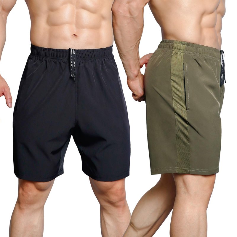 Gaglg Men's 7" Athletic Shorts 2 Pack Quick Dry Workout Running Shorts with Zipper Pockets Black/Green,Large