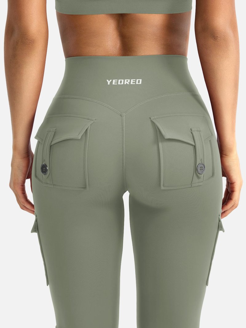 YEOREO CoreFlex Women Workout Flare Leggings with Pockets Hidden Scrunch High Waisted Cargo Gym Yoga No Front Seam Leggings Light Army Green M