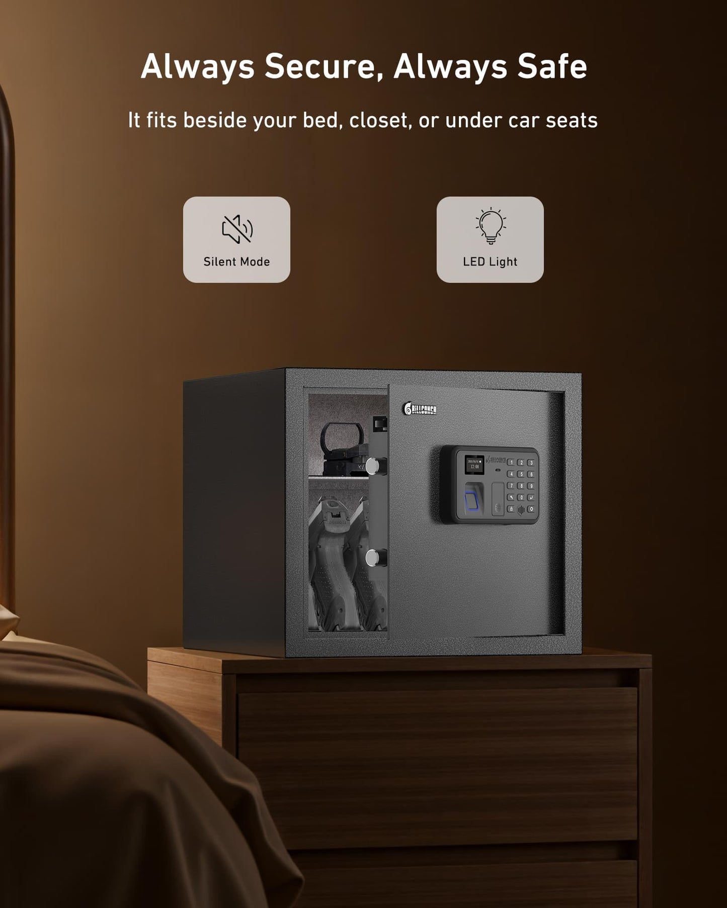 Billconch Smart Gun Safe for Multiple Pistols - Biometric Automatic Lock Safe Box with LCD Display/Voice Guide/Foldable Gun Racks, Quick Access Unlock with Fingerprint/Keypad/Key/App