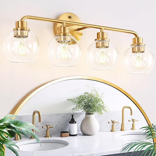 Bathroom Light Fixtures Gold Vanity Light 4 Light Wall Sconces Lighting Brushed Brass Lights with Clear Globe Glass Shades Bath Wall Lamp for Mirror Kitchen Living Room Bedroom Hallway 27 Inch