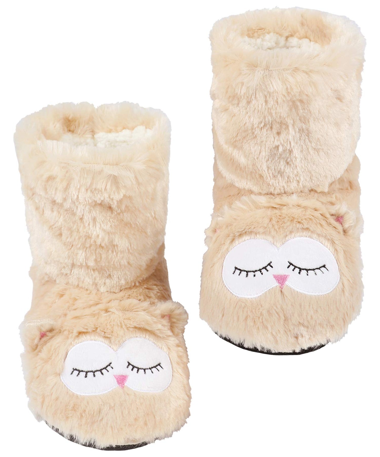 Panda Bros Slipper Socks for Women Cozy Warm Lined Fuzzy Sock Slippers Indoor Booties with Non Slip Grippers(Beige owl,5-7.5)