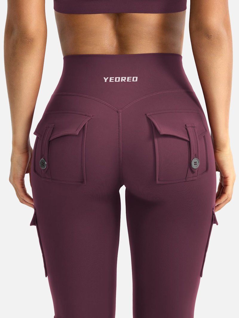 YEOREO CoreFlex Women Workout Flare Leggings with Pockets Scrunch Cargo Gym Yoga Leggings Black Cherry XS