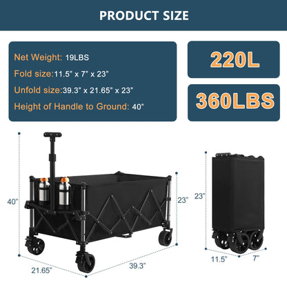 Favoyard Extra Large Collapsible Wagon Carts Foldable 220L & 360LBS Portable Folding Wagons with All-Terrain Wheels & Brakes Heavy Duty Outdoor Utility Carts for Grocery Camping Shopping Sports Garden
