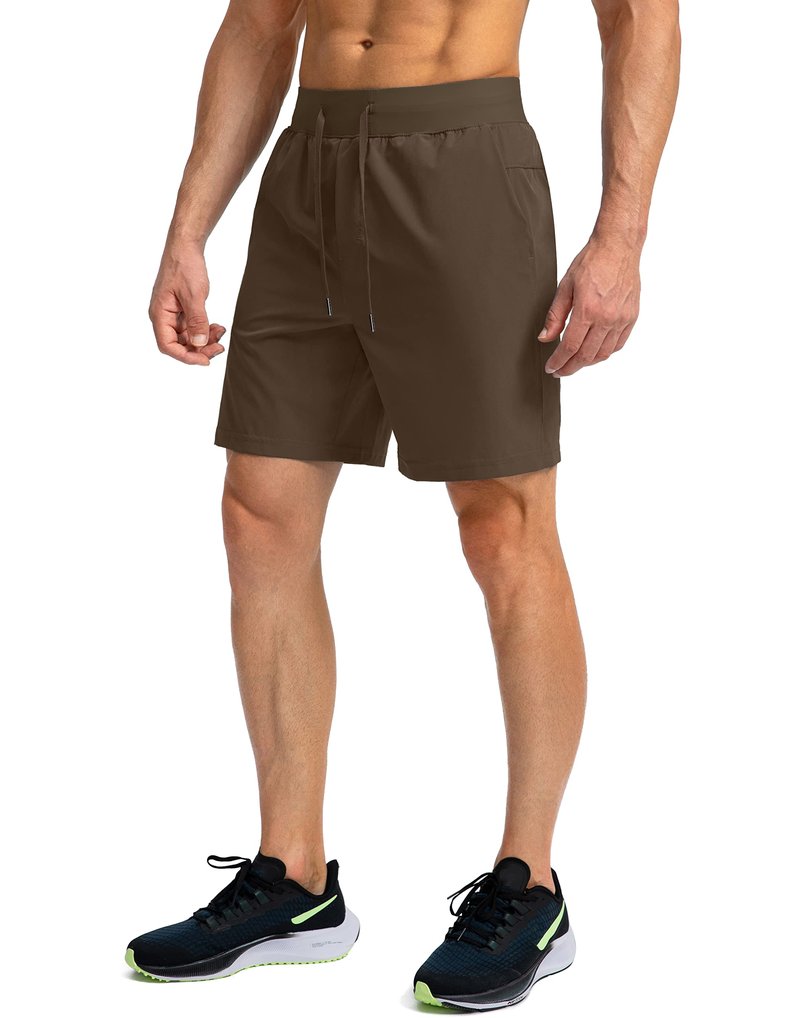Soothfeel Men's Running Shorts with Zipper Pockets 7 Inch Lightweight Quick Dry Gym Athletic Workout Shorts for Men (Brown, XL)