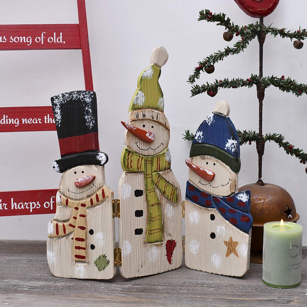 E-view Christmas Decorations Wood Snowman Sign Holiday Xmas Home Decor Wooden Folding Triple Snowmen Screen Rustic Decorative Ornaments for Table Top Fireplace (Snowman)