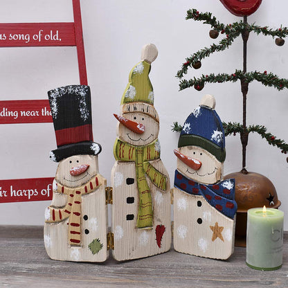 E-view Christmas Decorations Wood Snowman Sign Holiday Xmas Home Decor Wooden Folding Triple Snowmen Screen Rustic Decorative Ornaments for Table Top Fireplace (Snowman)
