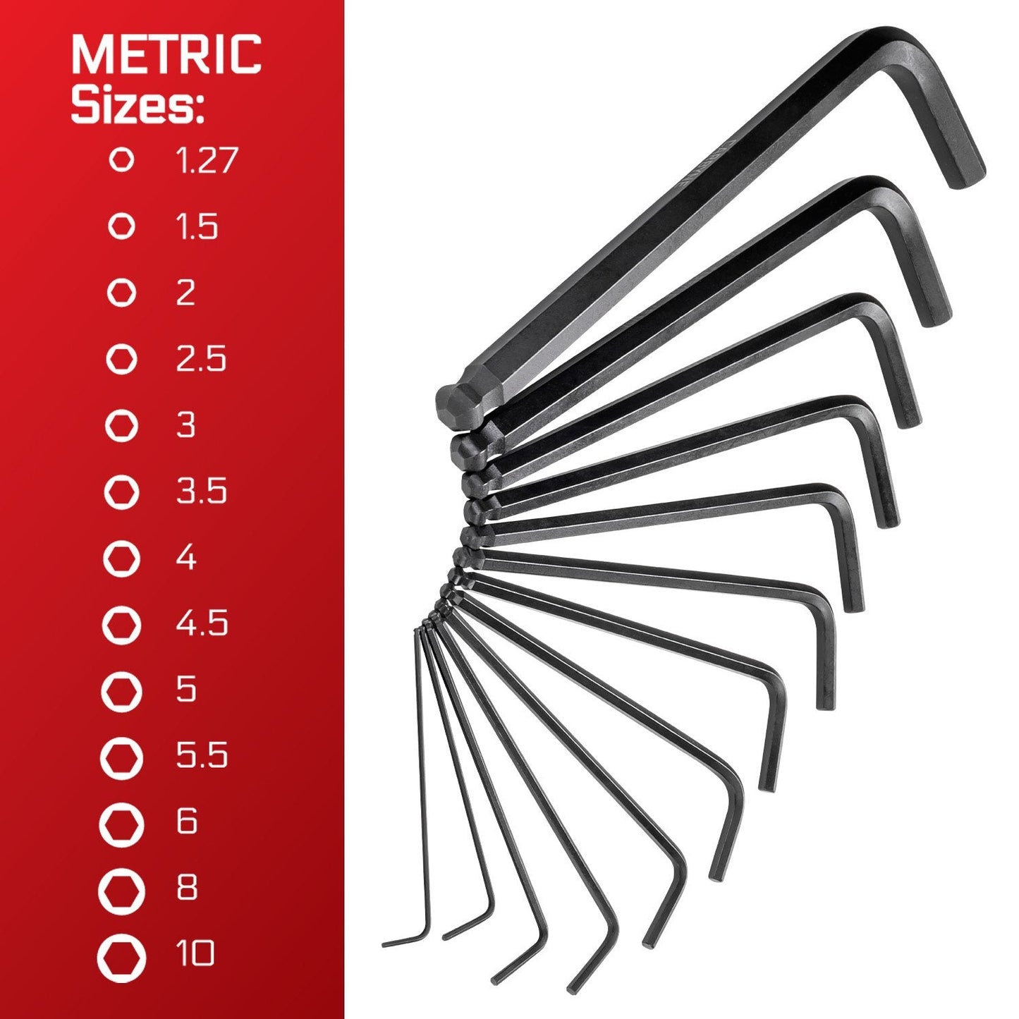 35-Piece Long Arm Ball End Hex (Allen) Key Wrench Set, Metric, SAE and Torx Keys, S2 Steel, 1.27mm to 10mm, 0.05 to 3/8 in, and T10 to T50, for Automotive, Bicycle, Household and Furniture Repair