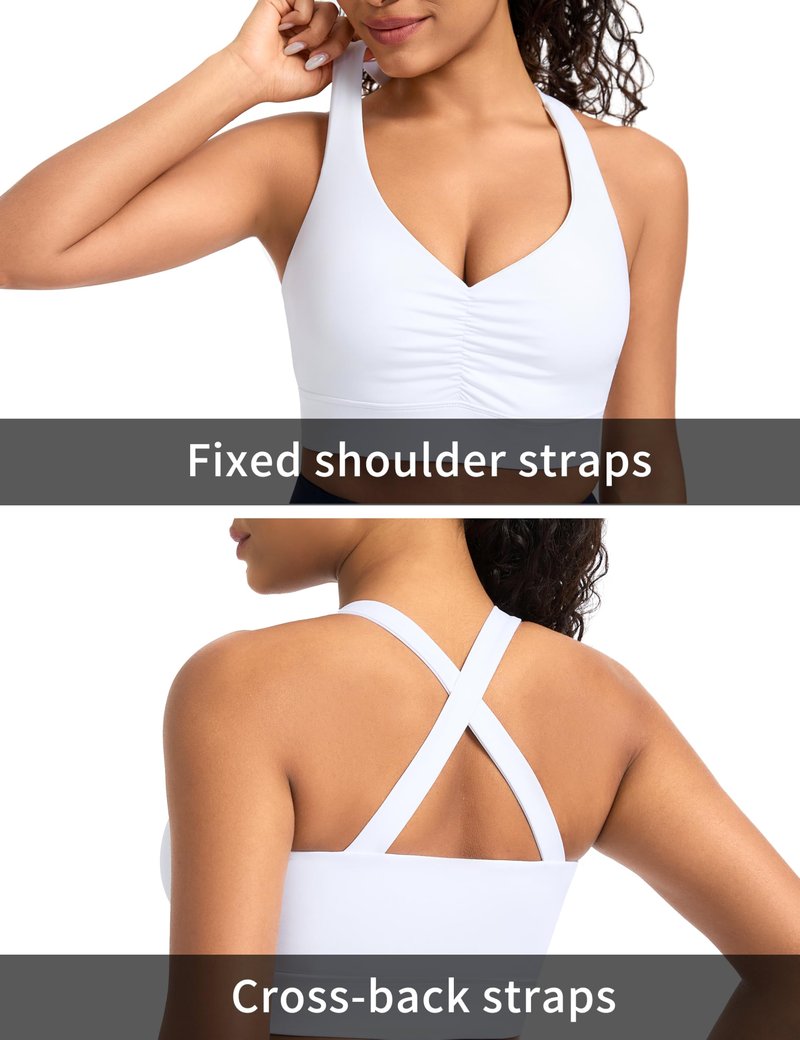 THE GYM PEOPLE Women's Cross Back Ruched Sports Bra V Neck Wide Straps Removable Pads Workout Yoga Crop Top White