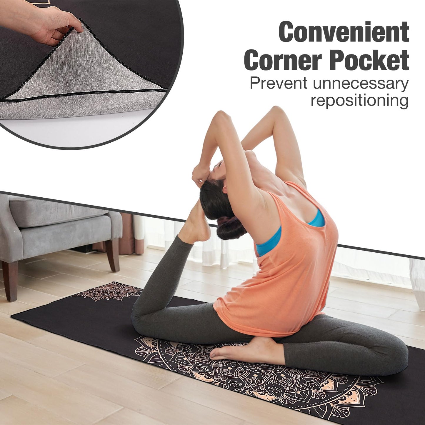 MoKo Yoga Towel, Non Slip Hot Yoga Blanket Printing Pattern Quick Dry with Corner Pocket for Bikram, Pilates, Gym Workout, Outdoor Picnic