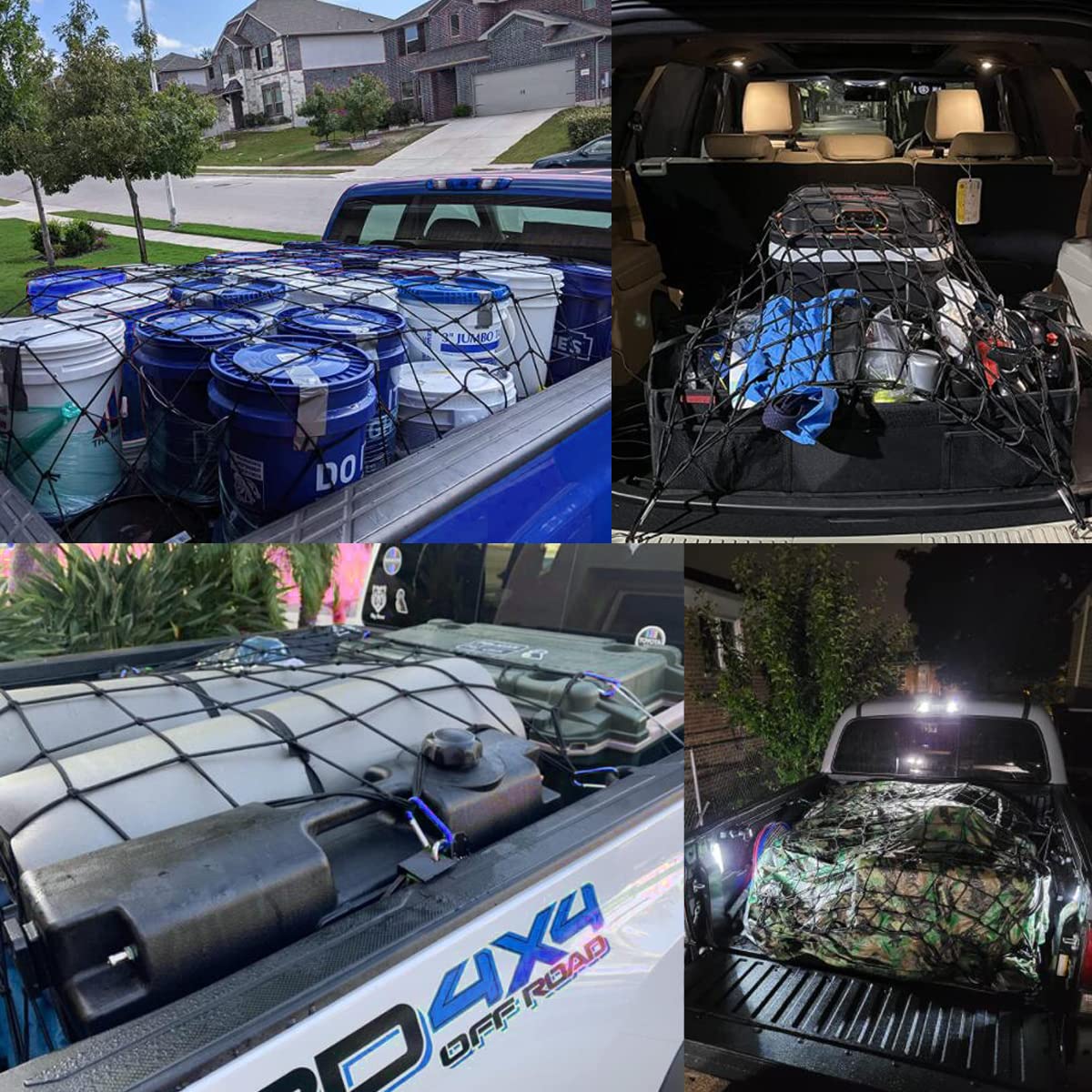 Amiss 3' x4' Stretches to 6' x 8' Truck Cargo Net, Roof Rack Cargo Net for Pickup Trucks SUV, Heavy Duty Truck Bed Cargo Bungee Net with 12 Blue Clips and Storage Bag， Car Exterior Accessories