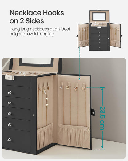 SONGMICS Jewellery Box 6 Tiers, Jewellery Case with 5 Drawers, Large Storage Capacity, with Mirror, Lockable, Jewellery Storage Organiser, Gift for Loved Ones, for Watches, Black JBC152B01