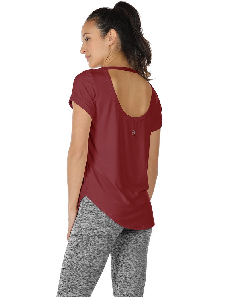 icyzone Open Back Yoga Shirts for Women - Exercise Workout Tops, Athletic Short Sleeves, Running T-Shirts Loose Fit (M, Wine)