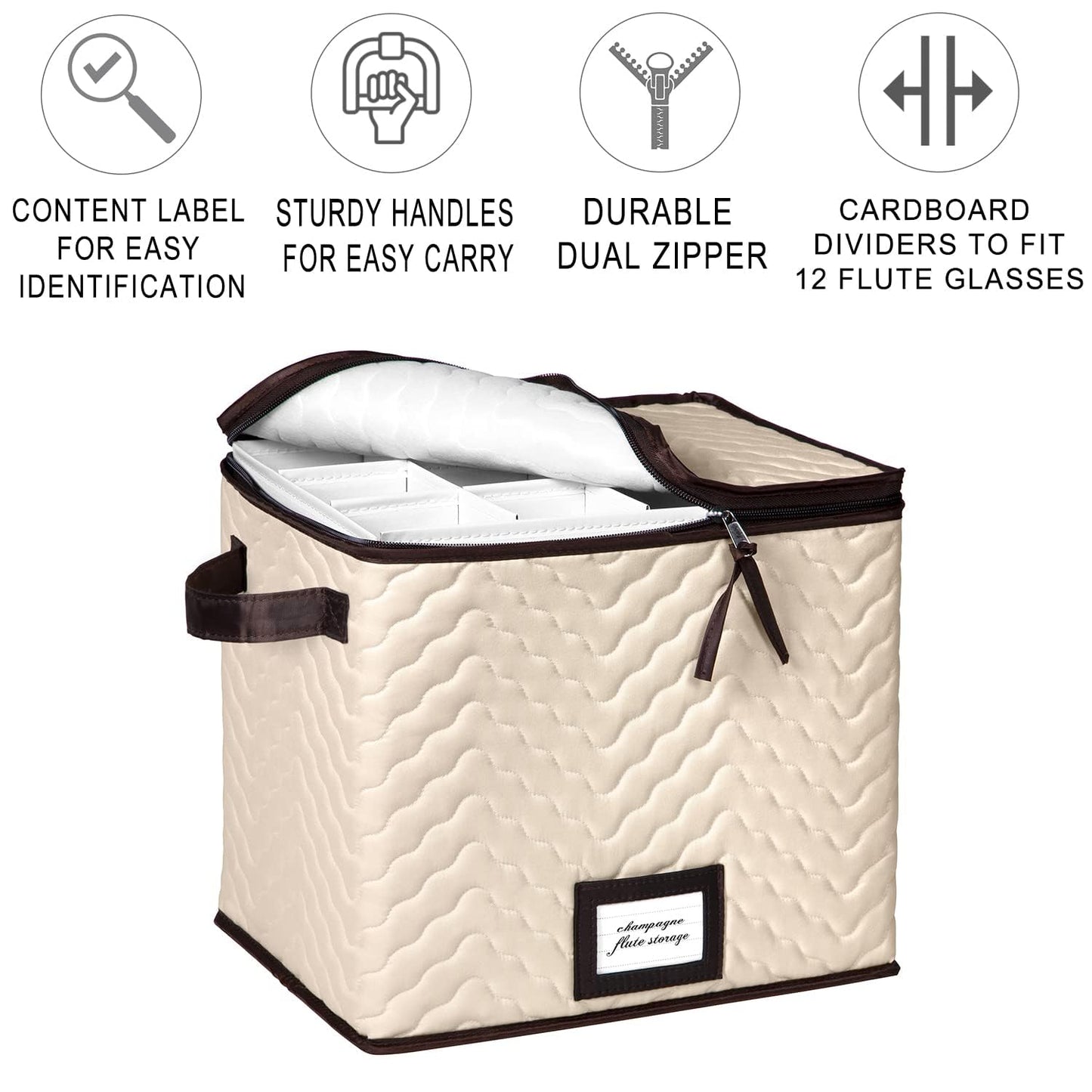 Champagne Flute Glass Storage Box with Dividers - Holds 12 Champagne Flute Glass up to 3" Wide - Stemware Storage Case - Protects Fine China - Durable Quilted Microfiber Bin with Carry Handles