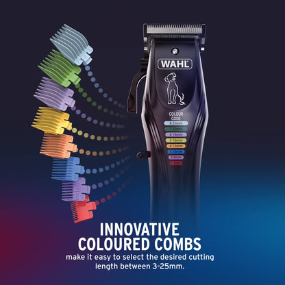WAHL Colour Pro Rechargeable Pet Clipper, Clippers with Coded Combs, Full Coat Grooming for Dogs, Low Noise, Corded/Cordless Dog Clippers, Black