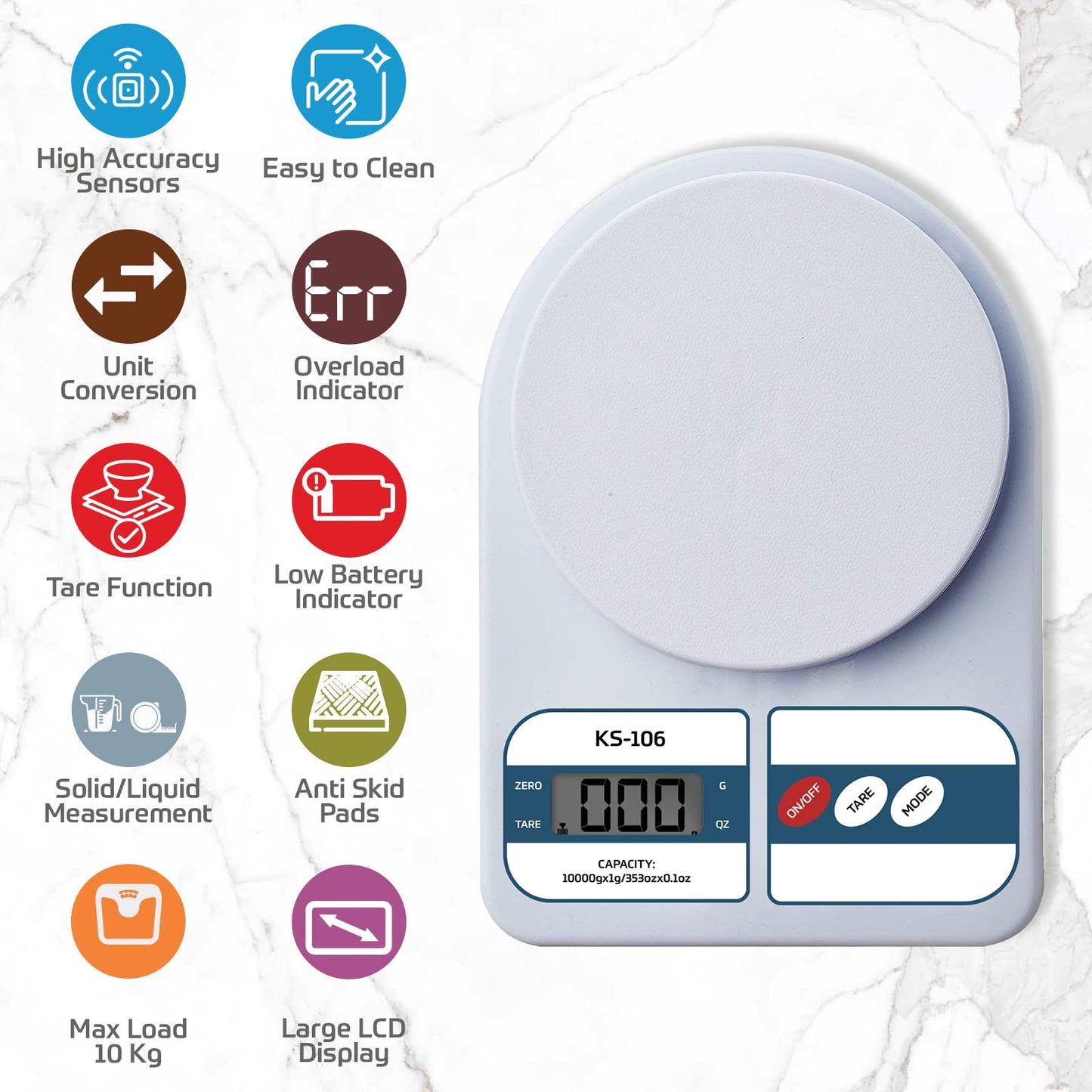 beatXP Kitchen Scale Multipurpose Portable Electronic Digital Weighing Scale | Weight Machine With Back light LCD Display | White |10 kg | 2 Year Warranty