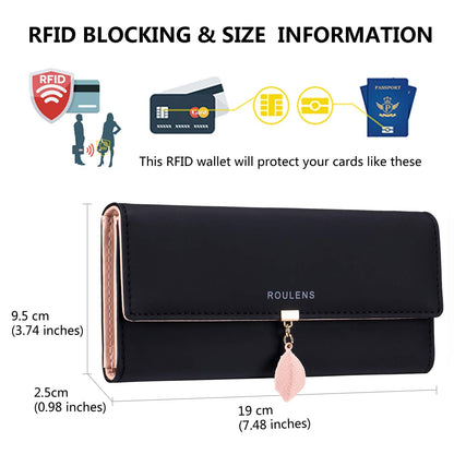 Roulens Ladies Purse, RFID Blocking PU Leather Wallet for Women Leaf Pendant Zipper Coin Purse with Multiple Card Slots and Roomy Compartment