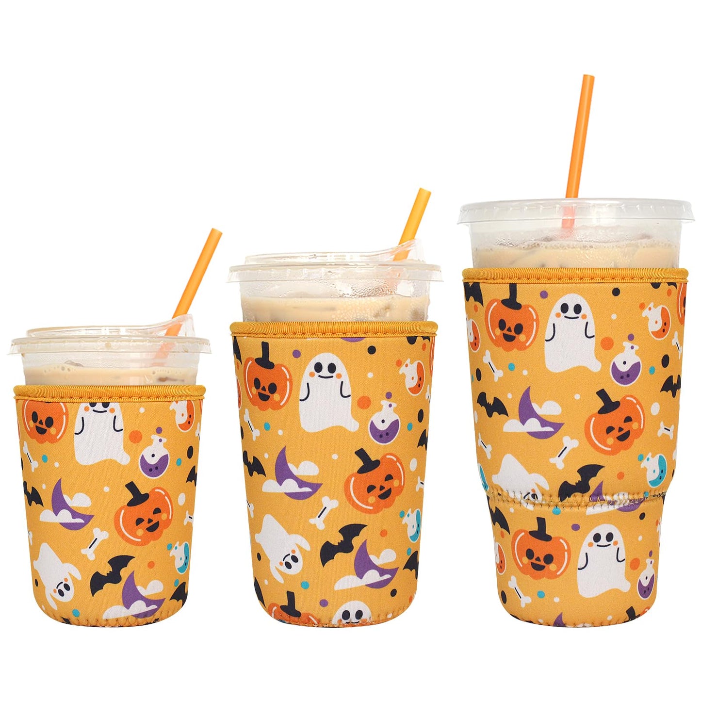 3 Pack Reusable Iced Coffee Sleeves - Xumbtvs Insulator Sleeve for Cold Beverages, Neoprene Coffee Cup Holder (Halloween Boo)