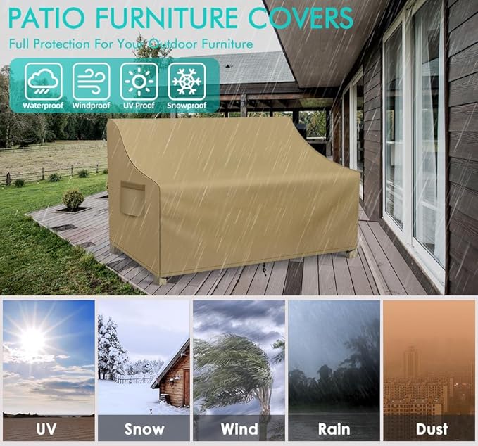 WLEAFJ Patio Sofa Cover Waterproof, 3-Seater Outdoor Sofa, Heavy Duty Deep Lounge Loveseat, Large Lawn Furniture with Air Vent, 79’’ W x 37’’ D x 35’’ H, Khaki