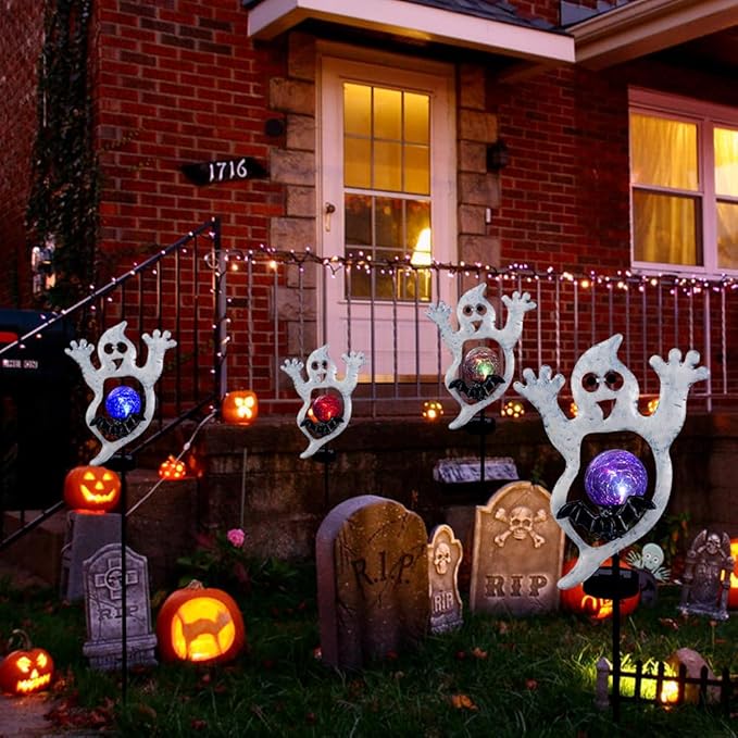 Viveta Solar Halloween Lights, 2 Pack Ghost Solar Lights Outdoor with Color Changing Crackle Glass Ball for Halloween Decorations Outdoor Garden Yard