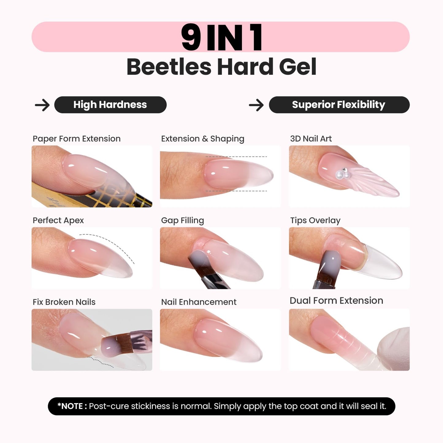 Beetles Hema Free Hard Gel for Nails,2.12 oz 9 in 1 Hard Gel for Nail Extension & Strengthening Broken Nail Repair with Flat Brush 100 Pcs Nail Forms UV LED Lamp Cured Salon Nail Technicians Women