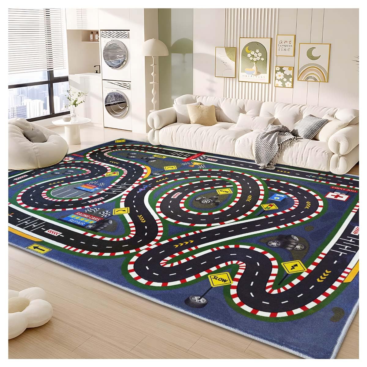 JUFORHQC Kids Rug,Children's Room Rug,Road Race Play Rugs, Rail City Living Rugs, Washable Non-Slip Play Mats. (Dark Blue, 47x71in)
