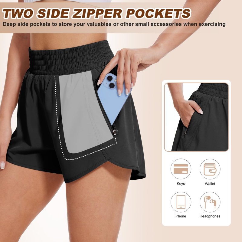 BALENNZ 3 Pack Womens Athletic Shorts with Zipper Pockets Activewear Elastic Waist Workout Gym Running Shorts,Medium